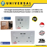 [SG SHOP SELLER] 13A Single / Double Switched Power Socket With 2*USB (2.1A/3.1A) USB Charger
