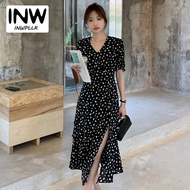 INWPLLR Temperament Short Sleeve Floral Dress Women V-neck Slit Dresses Female Casual High-end Summer Black Mini Dresses