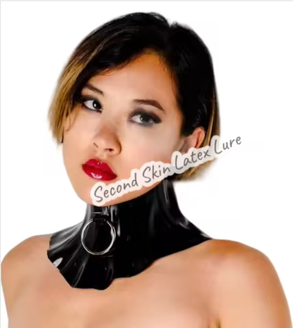 Handmade black neck corset slave collar front O ring with back button Latex rubber fetish gothic