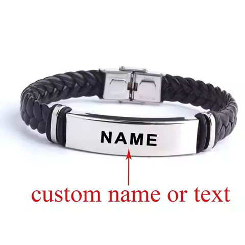 Black Sesame Custom name Logo Leather Bangle & Bracelet Personalized Stainless Steel Bracelets For W