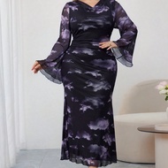 Plus Size Women Tie-Dye Print Ruffled Neck Flare Sleeve Elegant Dress Purple Plus Size Dress Plus Si