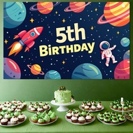Kids Space Themed 5th Birthday Party Banner Background with Rocket Astronaut Planets Ideal for Celeb