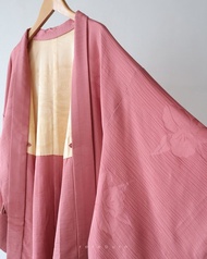 日本製古著羽織和服外套粉色和風花朵織紋