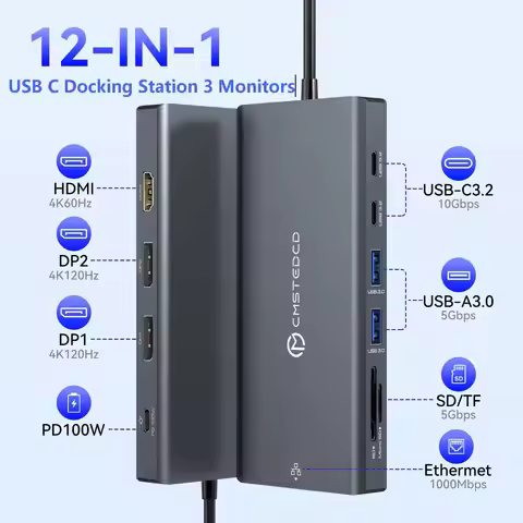Laptop Docking Station 3 Monitor,4K@120Hz DisplayPort,4K@60Hz HDMI/USB C,12-in-1 USB C Hub,10Gbps US