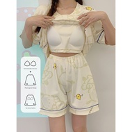 baju tidur sexy nipis sexy sleep women Piyama longgar kartun lengan pendek wanita dengan pad dada