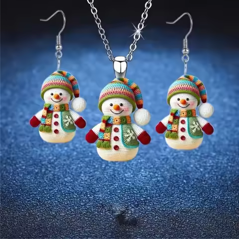 3 cute cartoon snowman earrings necklace set, acrylic graphic design, perfect Christmas gift for gir