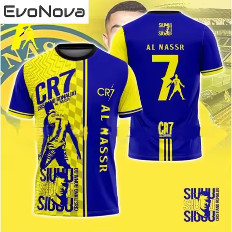 New Evonova Cr7 Al Nassr Football Jersey - Stylish Blue and Yellow Design Featuring Ronaldo Iconic C