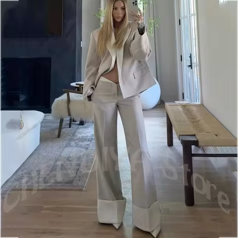 Modern Design Women Suit Peak Lapel Casual Loose Jacket Pants With Hem New Fashion Show Party Street