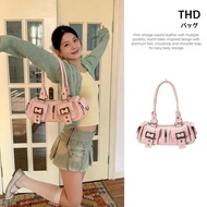 【THD】Beg biker Y2K warna merah jambu gaya vintage, banyak poket berzip, beg silang atau beg bahu, be