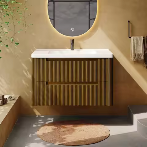 Modern Bathroom Vanity with Sink Combo,Curved Floating Bath Vanity with 2 Soft Close Drawer,Wall Mou