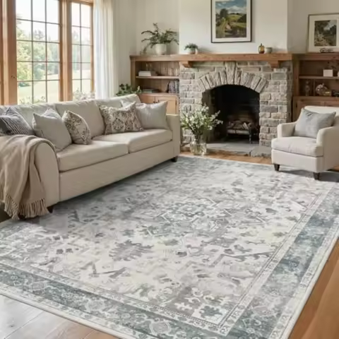 Area Rugs 5x7, Washable Rugs for Living Room, Vintage Boho Light Blue Rug for Office, Dining Room, h