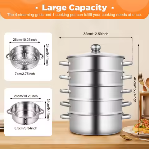 5-Tiers Multifunctional Steamer 26cm 304 Stainless Steel Steamer Round Suitable for Kitchen