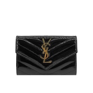 YSL 金logo漆面牛皮釦式卡夾零錢包(414404-黑)