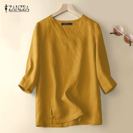 ZANZEA เสื้อเบลาส์แขน3/4คอวีลำลองสำหรับผู้หญิง #2