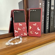 【Fold Case】 For SAMSUNG Z Flip3 Flip4 Flip5 Flip6 Flip7 Macaron Red Base Fireworks Pony Bracelet Sho