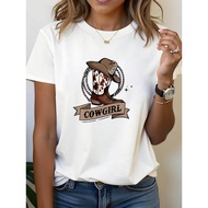 Women's Cowgirl Boots Letter Print T-Shirt - Short Sleeve Crew Neck Western Top with "COWGIRL" Sloga