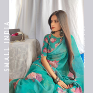 {**ส่งฟรี**} SMALL INDIA 🥻 Georgette Printed Saree ชุดสาหรี 🥻 Women Saree