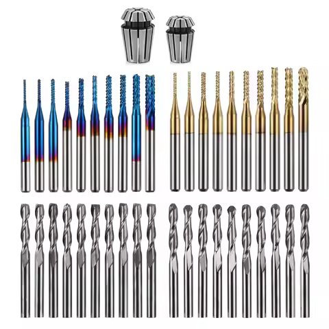40pcs End Mill Engraving Bits Set with ER11 ER16 Collet 3.175mm Shank CNC Router Bits Ball Nose PCB
