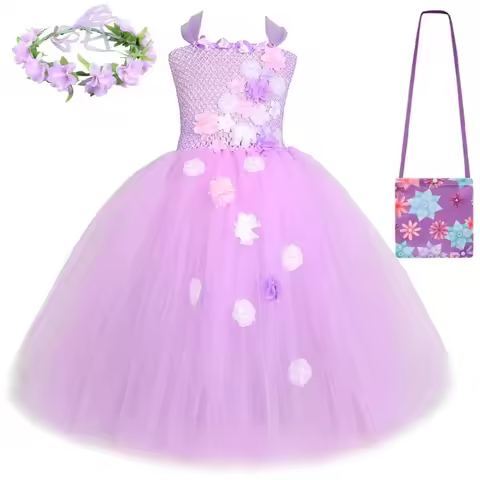 Encanto Isabella Long Dresses for Girls Lavender Flowers Fairy Ballet Tutus Outfit with Garland Kids