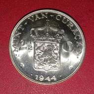koin silver perak Belanda ratu Wilhelmina 2.5 Gulden 1944 Curacao rare