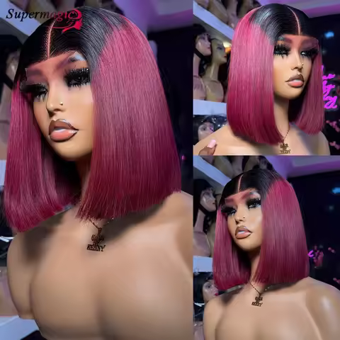 300% Bone Straight Short Bob Wig T1B/99J Ombre Color 2*6 Lace Closure Wig Double Drawn Vietnamese Hu