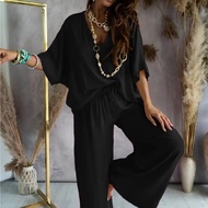 Women's Summer 2 Piece Outfits V Neck Solid Color Aesthetic Clothes Set Trendy Clothes Summer Vacati