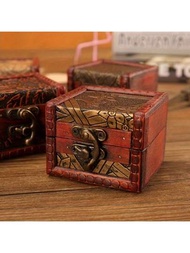 1只復古雕花珠寶盒,古董紅木寶藏箱,適用於道具、裝飾,隨機圖案印刷風格配送