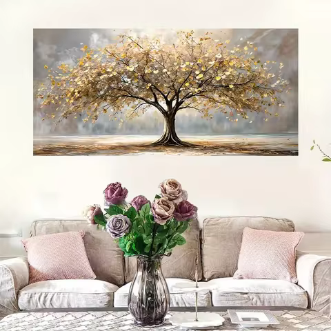 1pc Elegant Tree of Life with Golden Leaves Canvas Wall Art - 23.6x47.2in Unframed Autumn Landscape