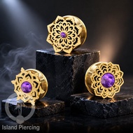 UNGU Mandala Stainless Steel Plug Piercing Earrings gold Color Purple Epoxy Ear-tunnel