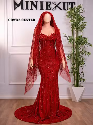 Ardent Red Rhinestone Prom Dresses For Blackgirls With Veil Mermaid Evening Gowns Elegant Wedding Pa