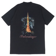 成色極佳 △ BALENCIAGA 24SS 739037 100% 純棉 銀座店開業紀念品 東京塔印花 做舊圓領寬鬆短袖T卹 黑色 1碼 正品 男款