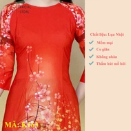 Áo dài lụa nhật K163 nền đỏ hoa Cúc cổ tròn tay lỡ may sẵn đồng phục hội họp đám cưới Ảnh thật tự ch
