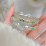 T Tangcao Pattern Treasure Flower Enamel Bracelet Female 999 Silver Cat Claw Chinese Style High-End 