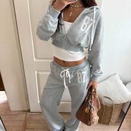 2pcs/Set Women's Light Grey Zip-Up Hoodie&Low-Waist Drawstring Sweatpants,Embroidered Number 87 Vint