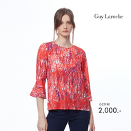 เสื้อผู้หญิง Guy Laroche Blouse เสื้อเบลาส์ ผ้าจอร์เจีย แขนสามส่วน ลายพิมพ์ Red Logo Mania (GZ2FRE)