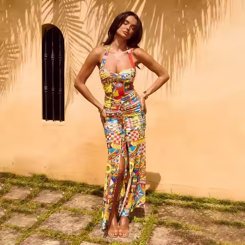 Summer Europe Street Color Dress Hanging Neck Split Hot Dress Party Style Dress