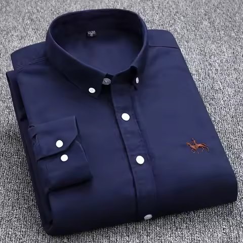 S~6XL Mens Long Sleeve Cotton Oxford Shirt For Plaid Striped Casual Shirts Male Pocket Regular-Fit B