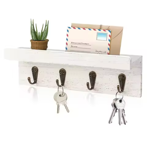 Rustic Wood Key Holder For Wall Farmhouse Wall Shelf Wall Mounted Home Decor Wall Floating Shelf wit