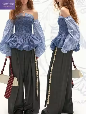 American Retro Fashion Elegant 2 Piece Set Women Slim Fit Blue Plaid Tops + High Waist Wide Leg Pant