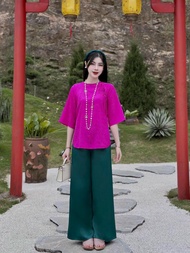 Set áo tay lỡ chất vải voan và quần ống rộng đồ bộ bà màu nhiều màu mặc đi lễ chùa đi chơi chụp hình