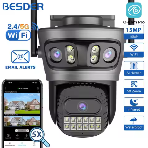 BESDER 15MP Wifi Camera Outdoor Auto Tracking Multi Screens 5X Digital Zoom PTZ Security Protection 