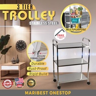 3 Tier Trolley Stainless Steel 4 Wheel Heavy Duty Food Multi Rack Multipurpose Restaurant 3 Tingkat Troli Beroda Makanan