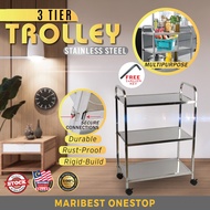 3 Tier Trolley Stainless Steel 4 Wheel Heavy Duty Food Multi Rack Multipurpose Restaurant 3 Tingkat 