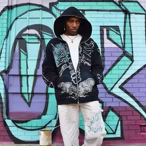 Cactus Jack Fashion Skull Skeleton Hoodie Zip Up Plush Hoodie Cardigan Kanye Oversized Zipper Hoodie