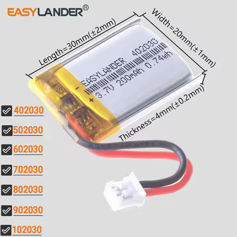 JST2.0 2P 3.7V 200mAh 402030 302030 502030 602030 702030 802030 902030 102030 Rechargeable Li-Polyme