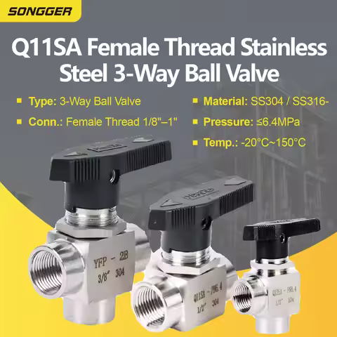 Q11SA 3‑Way Ball Valve 304 316 Stainless Steel Female Thread 1/8" 1/4" 3/8" 1/2" 3/4" 1" High Pressu