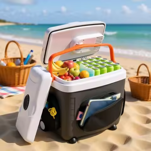 32 Qt 30L Electric Car Cooler Warmer with Ice Pack Divider Pockets Removable Lid Locking Handle Whee