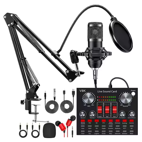 All-in-One Podcast Equipment Bundle V8K Live Sound Card Voice Changer Microphone Kit with BM800 Micr