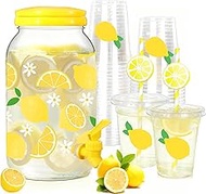 AnyDesign 1 Gallon Lemon Plastic Drink Dispenser with 50 Pcs Disposable Plastic Cups Lids Straws Sum