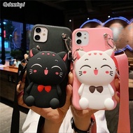 3D Zipper Bag Casing Huawei Y6s Y9s Y7A Y9A Y6P Y7P Y8P 2020 Y6 Y7 Pro Y9 Prime 2019 Y6 Y7 2018 Honor 50 60 70 80 90 Pro Cute Cartoon Cat Wallet Strap Phone Cover Case